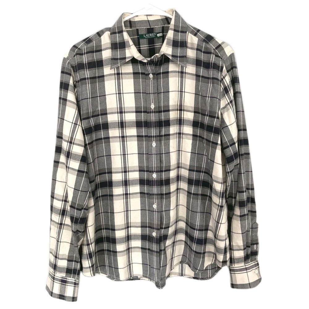 Lauren Ralph Lauren Shirt Women XL Gray Plaid Cotton Flannel Button Long Sleeve